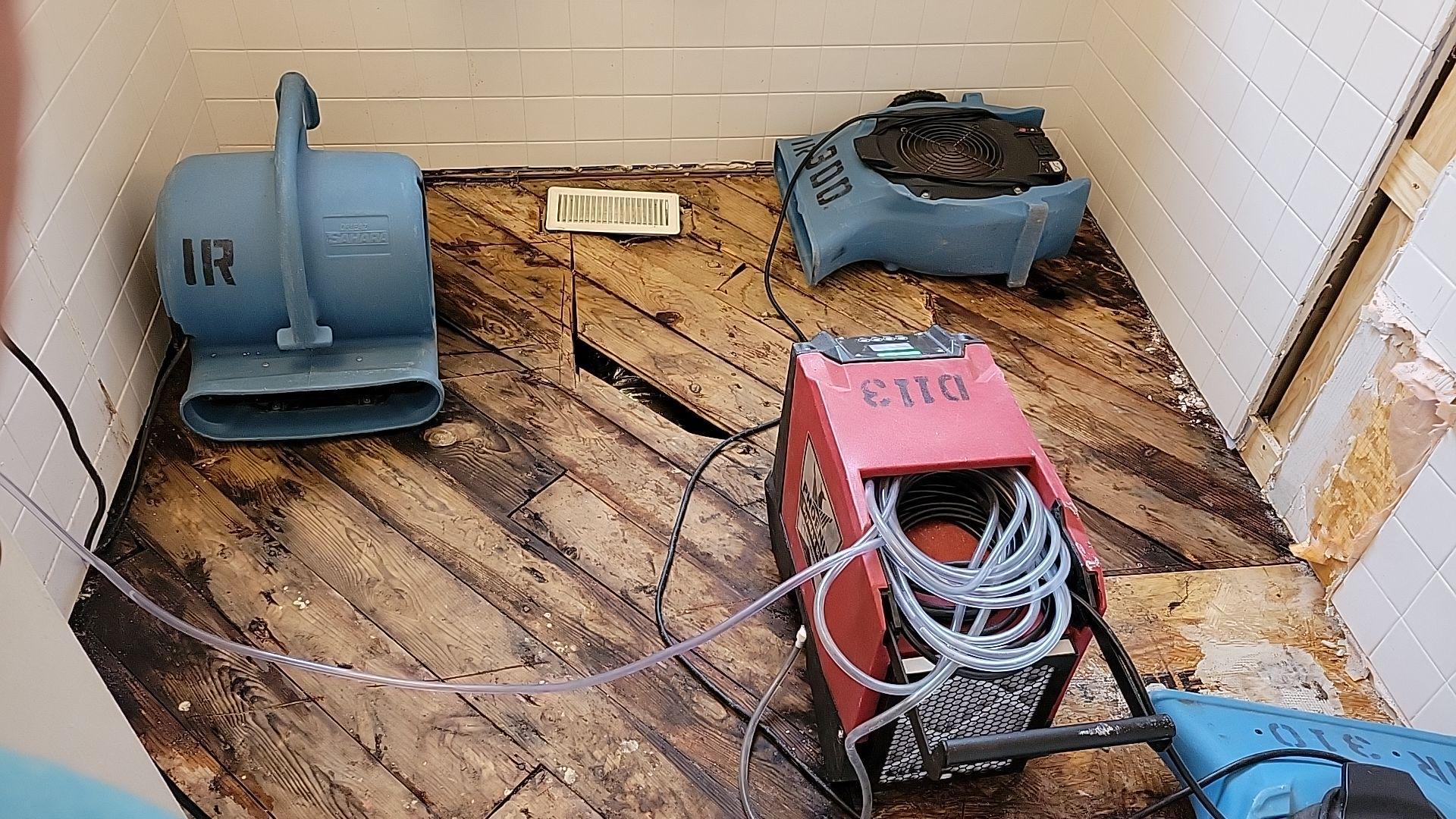 All bathroom floor and walls removed, drying equipment set up.