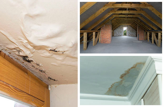 Restoration work for water damage in the roof, attic, and ceiling.
